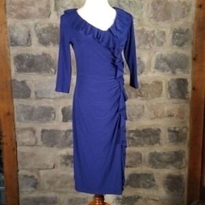 Jolibel Royal‎ Blue Ruffled V-Neck Sheath Dress Size 6 Ruched 3/4 Sleeve Midi